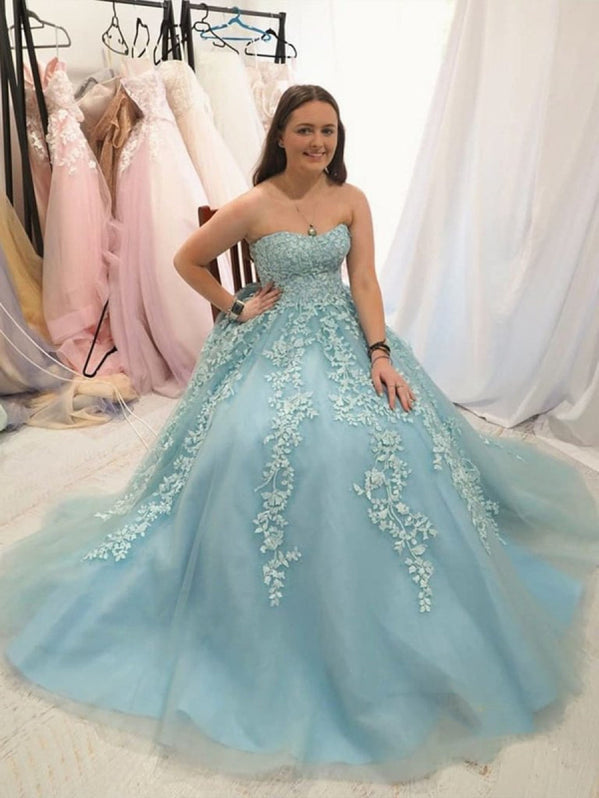 Pretty Blue Strapless Lace A Line Long Party Dress Birthday Prom Dress SP1424 main image 1