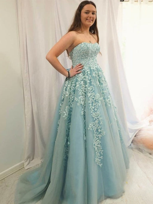 sweetheart neck strapless blue lace long prom ice formal graduation evening