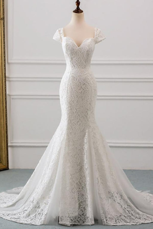 Sweetheart Short Sleeve Lace Mermaid Wedding Dress - Wedding Dresses