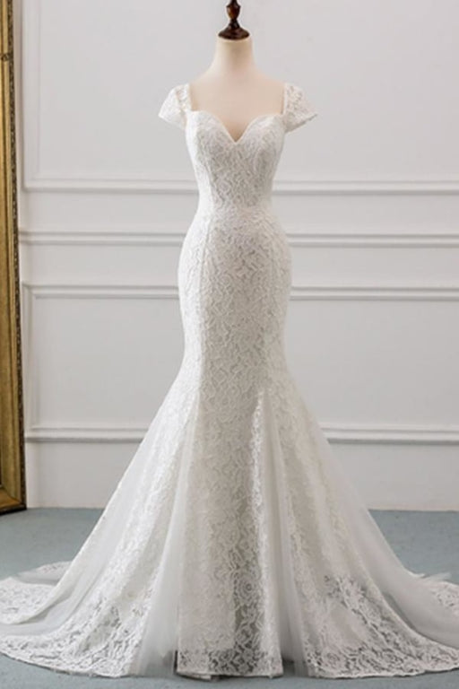 Sweetheart Short Sleeve Lace Mermaid Wedding Dress - Wedding Dresses