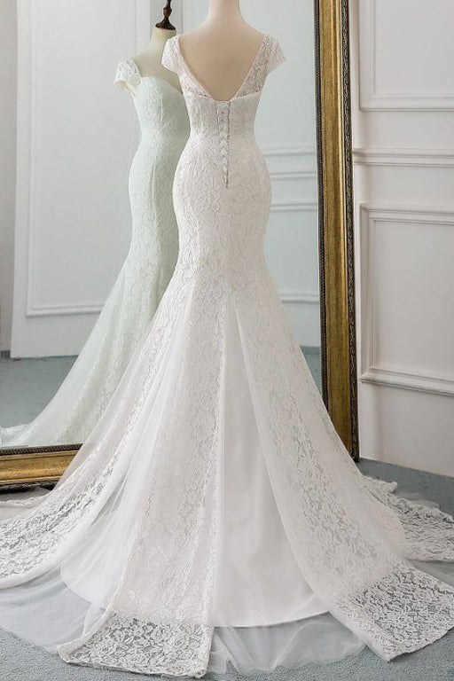 Sweetheart Short Sleeve Lace Mermaid Wedding Dress - Wedding Dresses