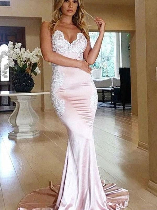 Sweetheart Sleeveless With Applique Sweep/Brush Train Satin Dresses - Prom Dresses
