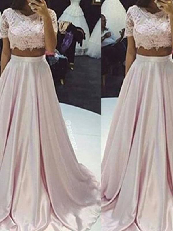 Taffeta Scoop Sleeveless Floor-Length With Lace Two Piece Dresses - Prom Dresses