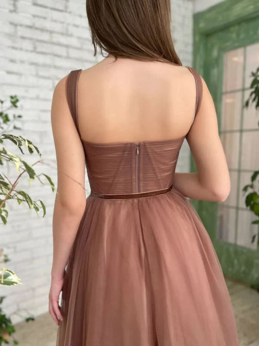 Tea Length Brown Tulle Prom Homecoming Dresses, Brown Formal Graduatio Bridelily Tea Length Brown Tulle Prom Homecoming Dresses, Brown Formal Graduatio Bridelily