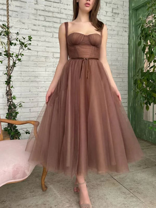Tea Length Brown Tulle Prom Homecoming Dresses, Brown Formal Graduatio Bridelily Tea Length Brown Tulle Prom Homecoming Dresses, Brown Formal Graduatio Bridelily