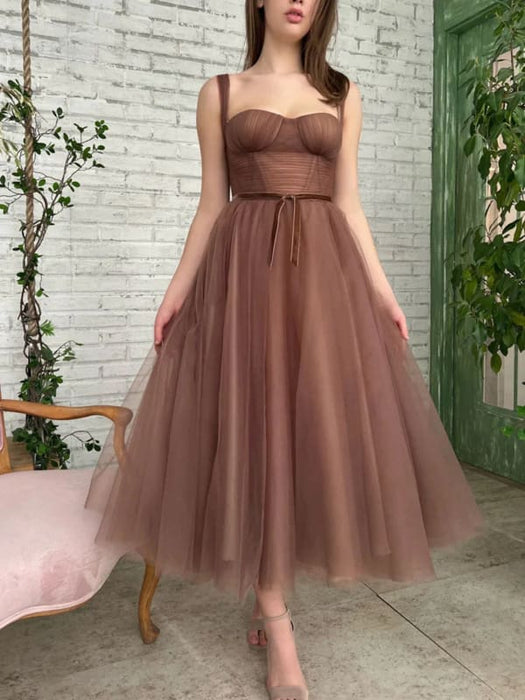 Tea Length Brown Tulle Prom Homecoming Dresses, Brown Formal Graduatio Bridelily Tea Length Brown Tulle Prom Homecoming Dresses, Brown Formal Graduatio Bridelily
