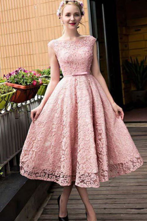 Tea Length Pink Cap Sleeves Party with Bowknot A Line Homecoming Dress - Prom Dresses