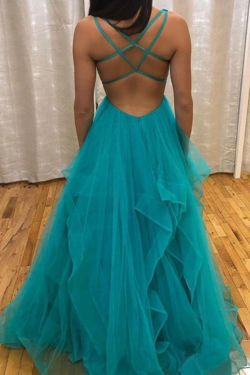 Teal Simple V Neck Long Prom with Straps and Ruffle Skirt Dance Dresses - Prom Dresses
