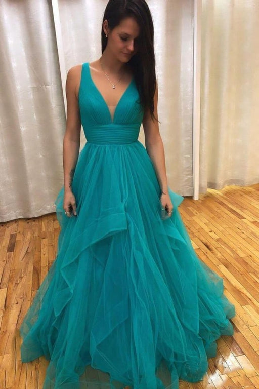 Teal Simple V Neck Long Prom with Straps and Ruffle Skirt Dance Dresses - Prom Dresses