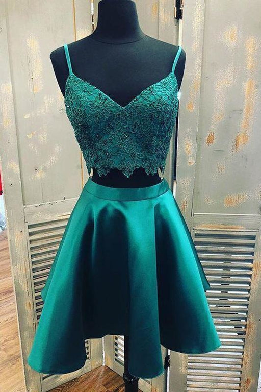 Teal Two Piece Satin Homecoming Dresses with Lace Spaghetti Strap Graduation Dress - Prom Dresses