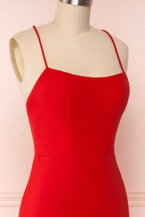 Thin Straps Backless Mermaid Red Prom Dresses, Red Mermaid Formal Dresses, Backless Red Evening Dresses