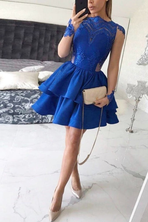 Tiered Long Sleeves Royal Blue Satin Homecoming with Appliques Mini Prom Dress - Prom Dresses