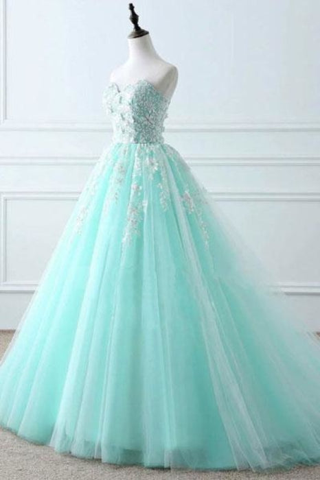 Tiffany Blue Sweetheart Puffy Tulle Prom with Lace Appliques Long Graduation Dress - Prom Dresses