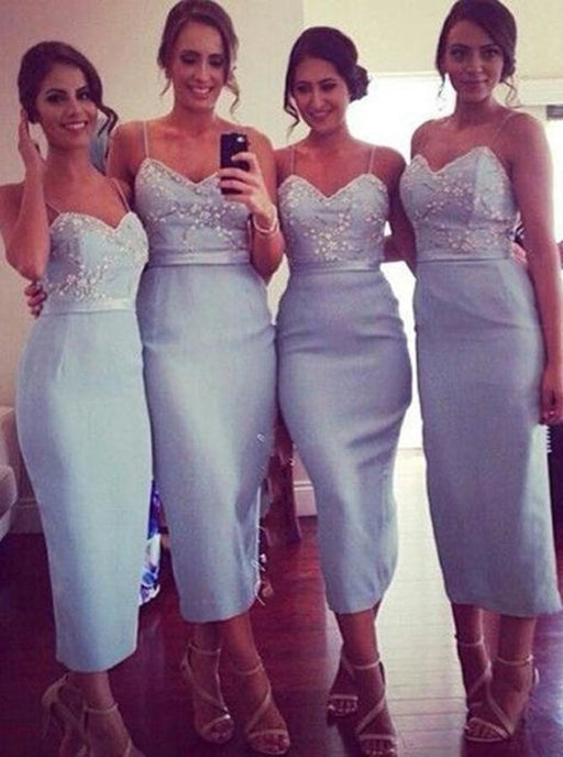 Trendy Spaghetti Straps Sheath Light Blue Bridesmaid Dress - Bridesmaid Dresses