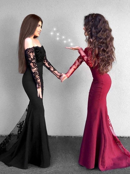 Trumpet/Mermaid Long Sleeves Off-the-Shoulder Sweep/Brush Train Applique Stretch Crepe Dresses - Prom Dresses