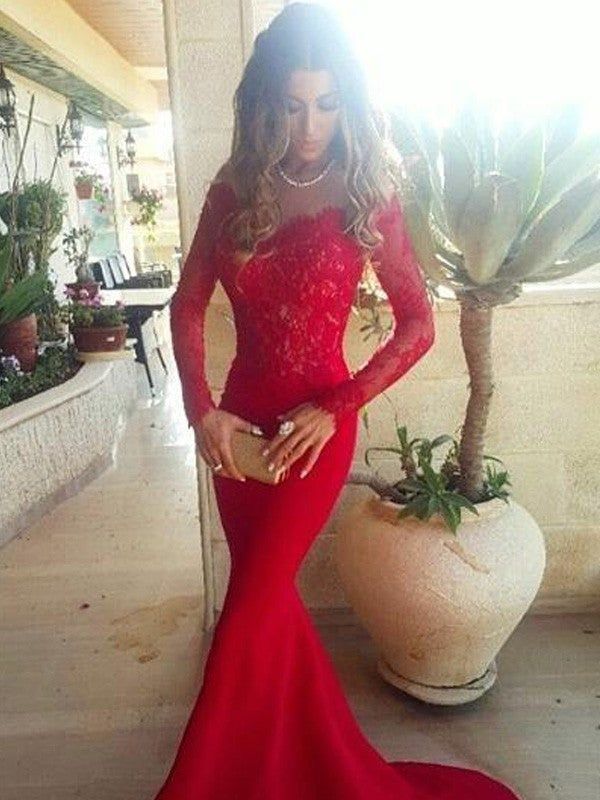 Trumpet/Mermaid Off-the-Shoulder Long Sleeves Lace Sweep/Brush Train Elastic Woven Satin Dresses - Prom Dresses