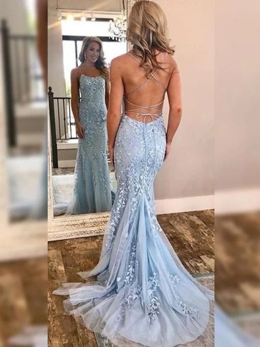 Trumpet/Mermaid Sleeveless Off-the-Shoulder Sweep/Brush Train Lace Tulle Dresses - Prom Dresses