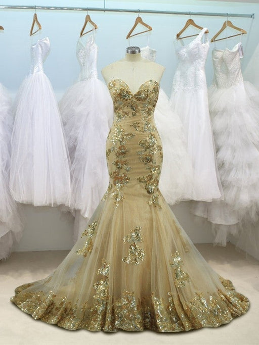 Trumpet/Mermaid Sleeveless Sweetheart Sweep/Brush Train Sequin Tulle Dresses - Prom Dresses