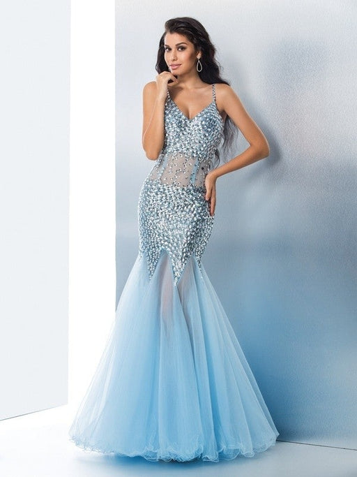 Trumpet/Mermaid Spaghetti Straps Sequin Sleeveless Long Tulle Dresses - Prom Dresses