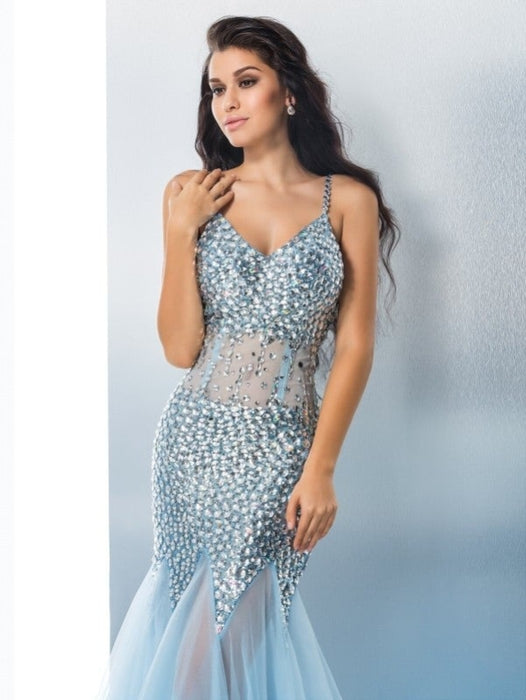 Trumpet/Mermaid Spaghetti Straps Sequin Sleeveless Long Tulle Dresses - Prom Dresses