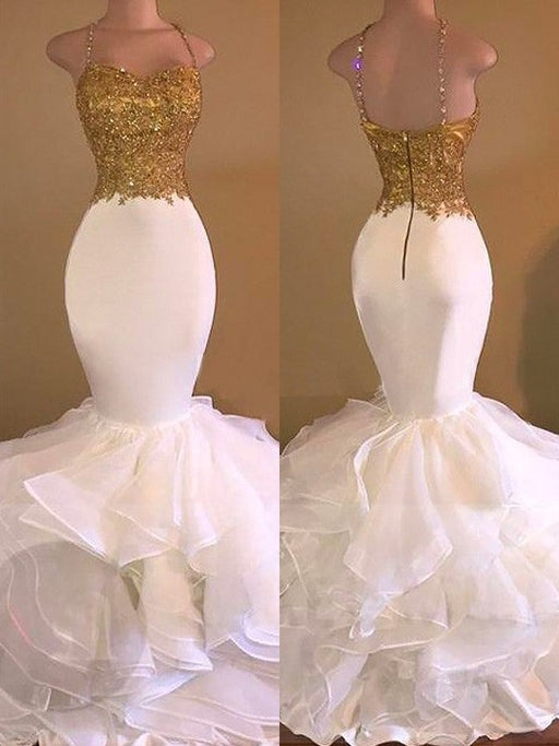 Trumpet/Mermaid Spaghetti Straps Sleeveless Applique Organza Floor-Length Dresses - Prom Dresses