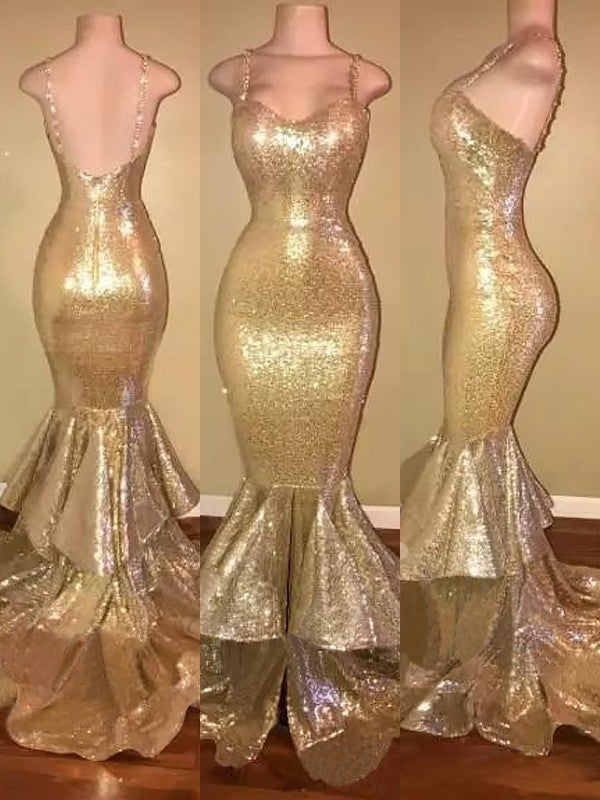 Trumpet/Mermaid Spaghetti Straps Sweep/Brush Train Sleeveless Sequins Ruffles Dresses - Prom Dresses