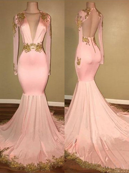 Trumpet/Mermaid V-neck Sweep/Brush Train Long Sleeves Silk like Satin Applique Dresses - Prom Dresses