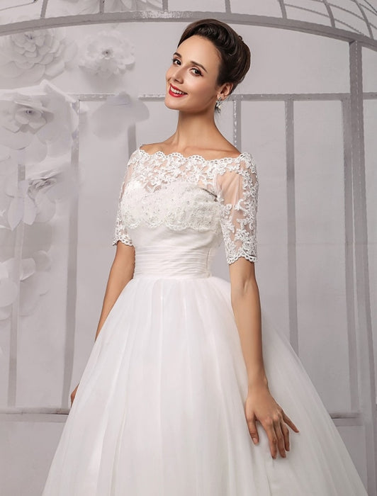 Tull Off-The-Shoulder Ball Gown Wedding With A Lace Wrap misshow