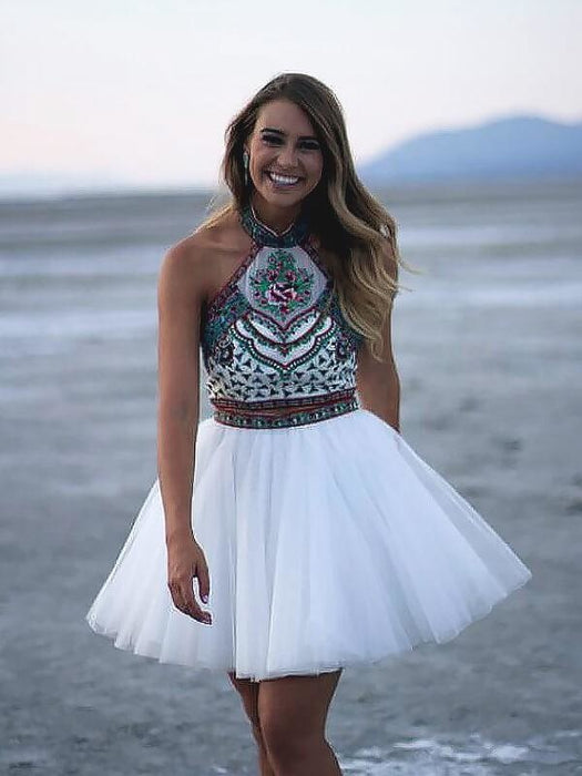 Tulle Halter Sleeveless A-line Short/Mini With Applique Dresses - Prom Dresses