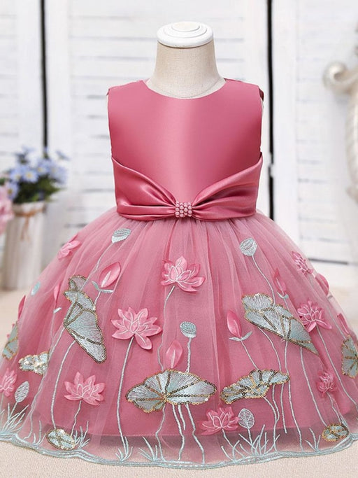 Flower Girl Dresses Jewel Neck Polyester Sleeveless Polyester Cotton Tulle Knee-Length A-Line Embroidered Kids Party Dresses