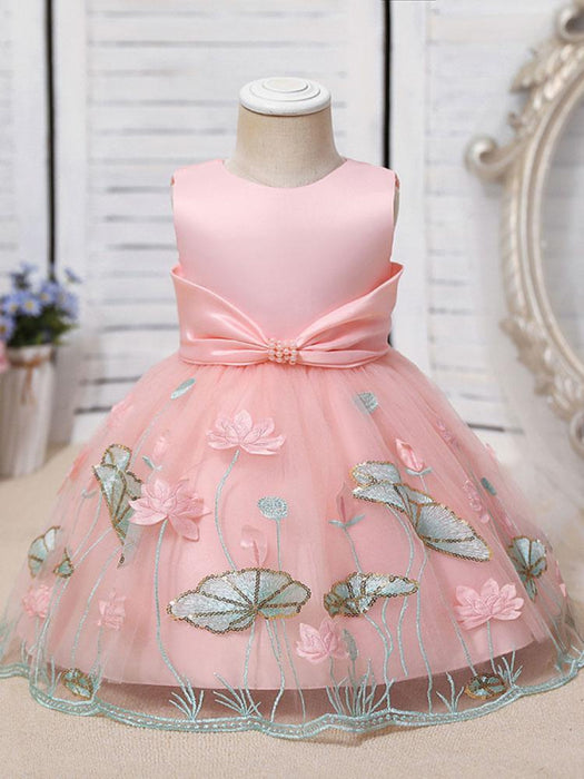 Flower Girl Dresses Jewel Neck Polyester Sleeveless Polyester Cotton Tulle Knee-Length A-Line Embroidered Kids Party Dresses