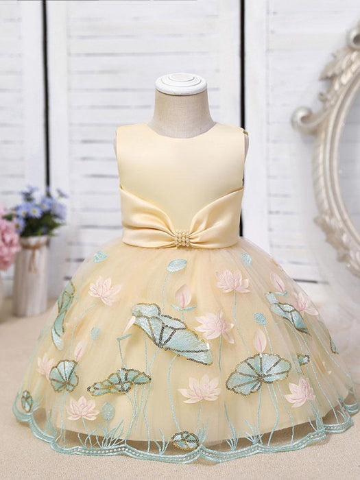 Flower Girl Dresses Jewel Neck Polyester Sleeveless Polyester Cotton Tulle Knee-Length A-Line Embroidered Kids Party Dresses