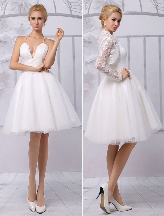 Tulle Knee-Length Spaghtti A-line Wedding Dress With Long-sleeves Lace Wrap misshow
