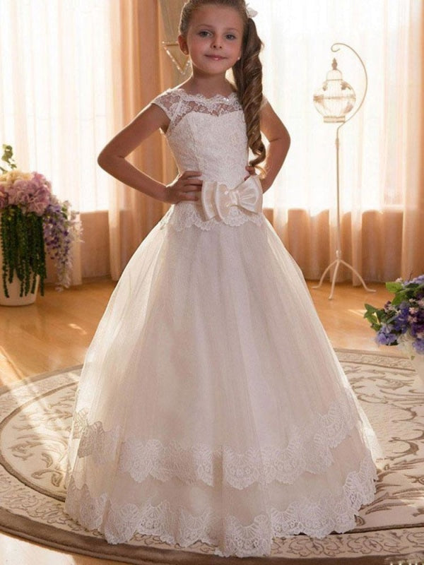 Flower Girl Dresses Jewel Neck Tulle Short Sleeves Floor Length Princess Silhouette Bows Kids Formal Pageant Dresses
