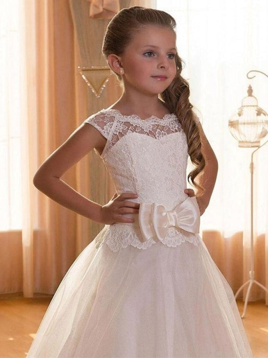 Flower Girl Dresses Jewel Neck Tulle Short Sleeves Floor Length Princess Silhouette Bows Kids Formal Pageant Dresses