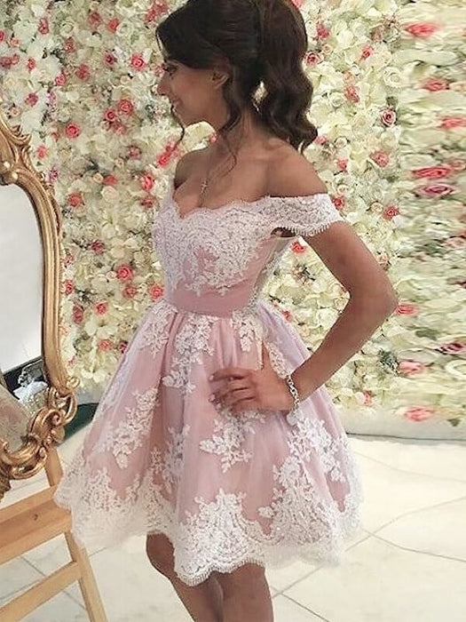 Tulle Off-the-Shoulder Sleeveless Short/Mini With Applique Dresses - Prom Dresses