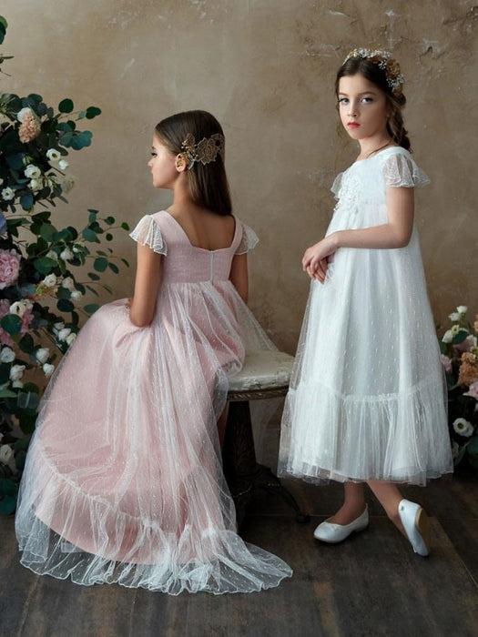 Flower Girl Dresses Square Neck Tulle Sleeveless Ankle Length Princess Silhouette Ruffles Kids Social Party Dresses