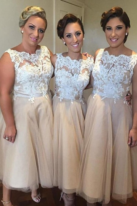Tulle Scoop A Line Tea-length Bridesmaid Dresses - Bridesmaid Dresses