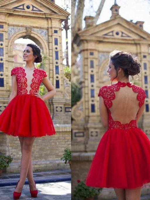 Tulle Scoop Short A-line Sleeves Short/Mini With Lace Dresses - Prom Dresses