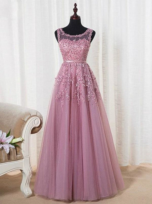 Tulle Scoop Sleeveless A-line Floor-Length With Beading Dresses - Prom Dresses