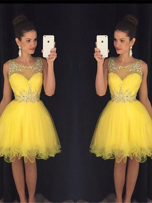 Tulle Scoop Sleeveless A-line Short/Mini With Beading Dresses - Prom Dresses