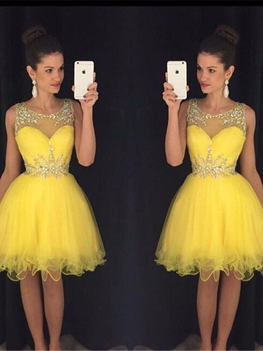 Tulle Scoop Sleeveless A-line Short/Mini With Beading Dresses - Prom Dresses