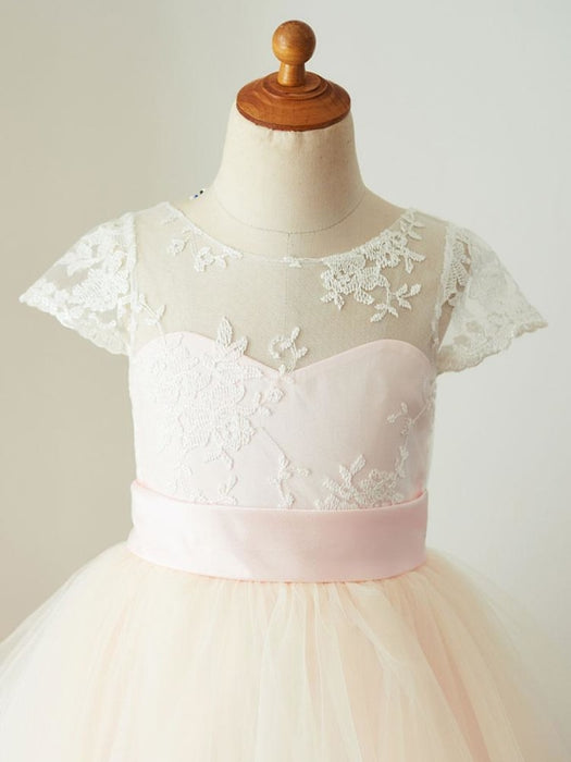 Flower Girl Dresses Jewel Neck Tulle Short Sleeves Floor-Length Princess Silhouette Sash Kids Social Party Dresses