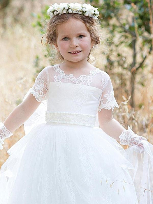 Flower Girl Dresses Jewel Neck Tulle Short Sleeves Floor Length Princess Silhouette Bows Formal Kids Pageant Dresses