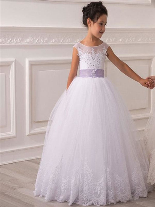 Flower Girl Dresses Jewel Neck Tulle Sleeveless Ankle Length Princess Silhouette Bows Kids Party Dresses