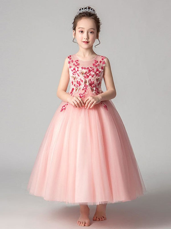 Flower Girl Dresses Jewel Neck Tulle Sleeveless Ankle Length Princess Silhouette Flowers Kids Party Dresses
