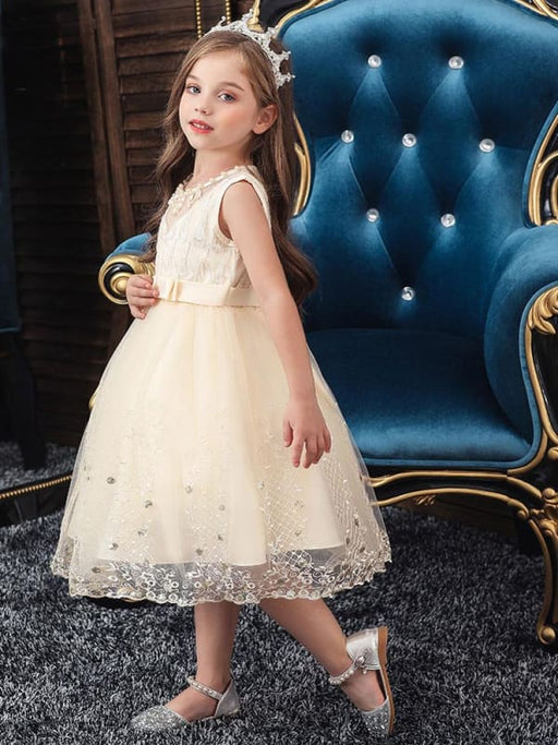 Flower Girl Dresses Jewel Neck Tulle Sleeveless Knee-Length Princess Silhouette Kids Pageant Dresses