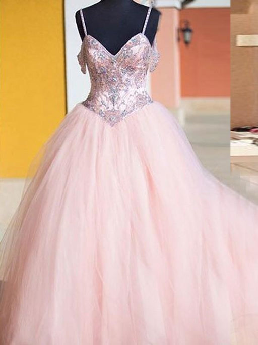 Tulle Spaghetti Straps Sleeveless Floor-Length With Crystal Dresses - Prom Dresses
