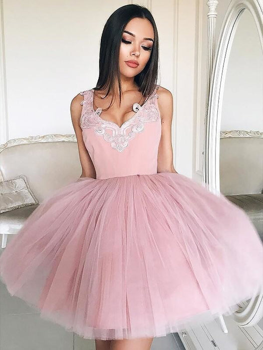 Tulle V-neck Sleeveless A-line Short/Mini With Lace Prom Dresses - Prom Dresses