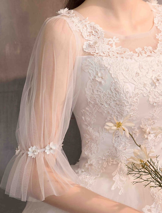 Tulle Wedding Dress Ivory Lace Applique Flower Detail Half Sleeve Princess Bridal Gown